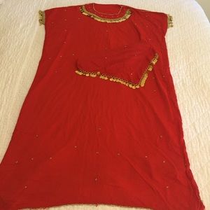 Moroccan Red caftan gold beads matching scarf